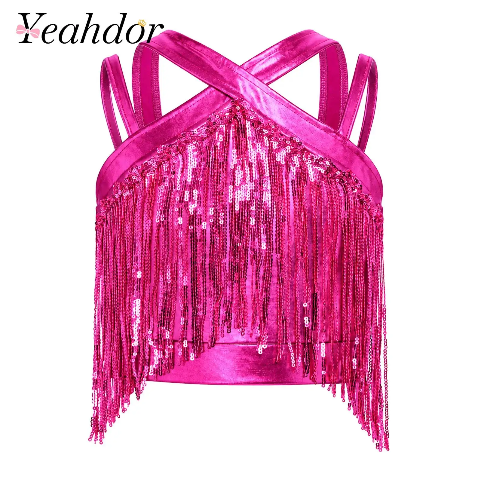 Kids Tassels Fringed Tops for Girls Shiny Sequins Tassels Metallic Vest Cross Front Sleeveless Crop Top for Latin Dance Costume
