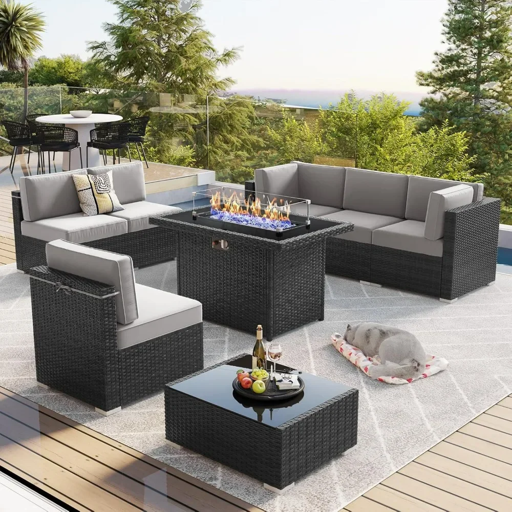 

8 Piece Patio Furniture Set with 44" Propane Gas Fire Pit Table, Outdoor Sectional Conversation Set Wicker Rattan Sofa Set