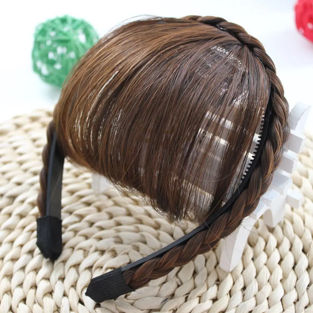 

Synthetic Hair Neat Fringe Bands With Double Row Braids Headband Heat Resistant Bangs In Hair Extensions Hairpieces