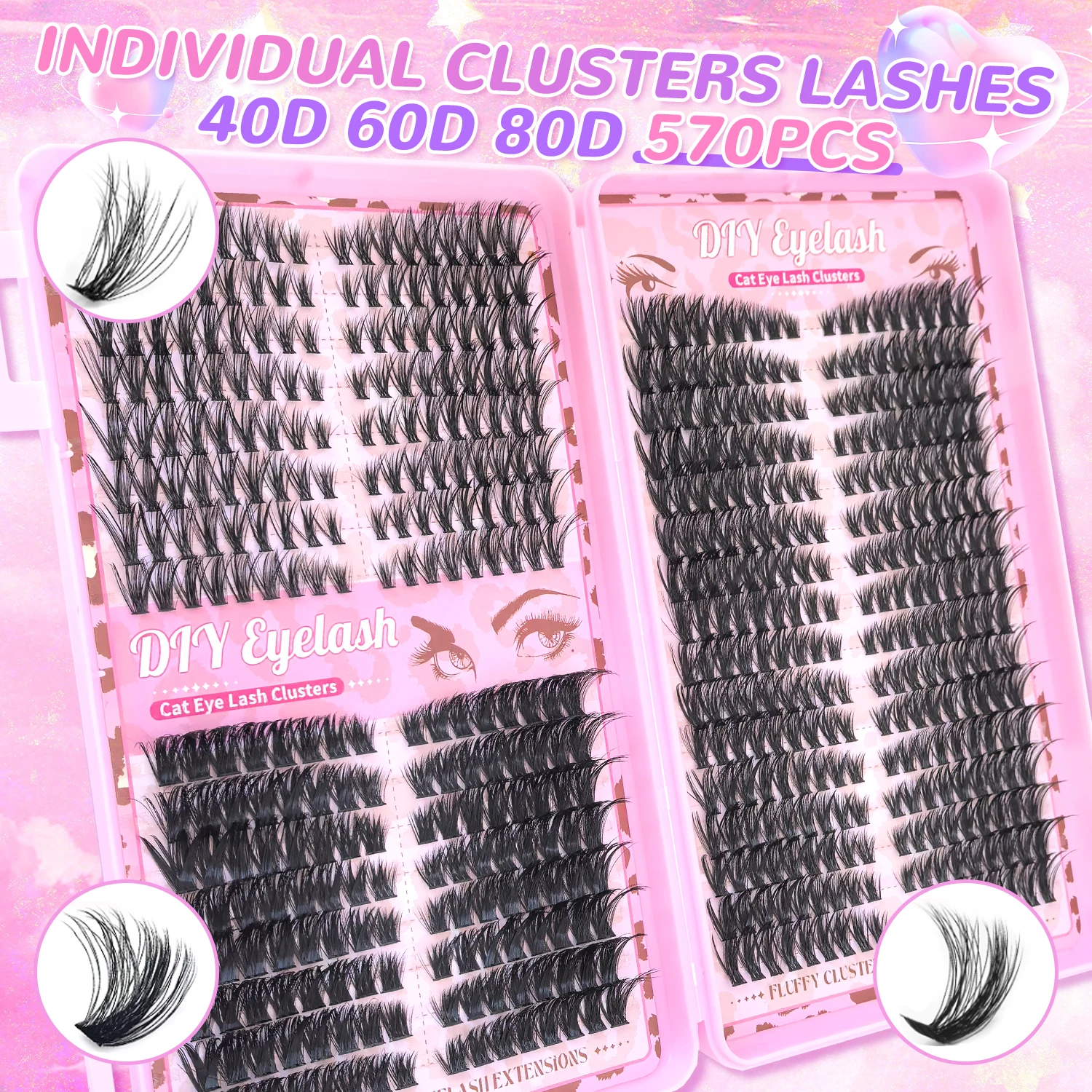 [Cílios grossos] Kit de extensão de cílios modificados mistos de cluster 560/576 com alinhamento de cabeça e cauda, vários estilos para escolher