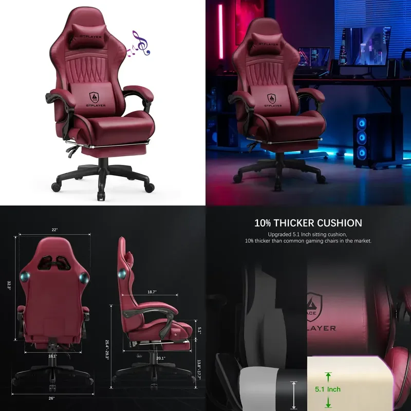 GTPLAYER製ゲーミングチェア。スピーカー内蔵、人間工学に基づいたデザインの合成皮革製リクライニングチェア。フットレスト付き、角度調整可能な回転式PCチェア。