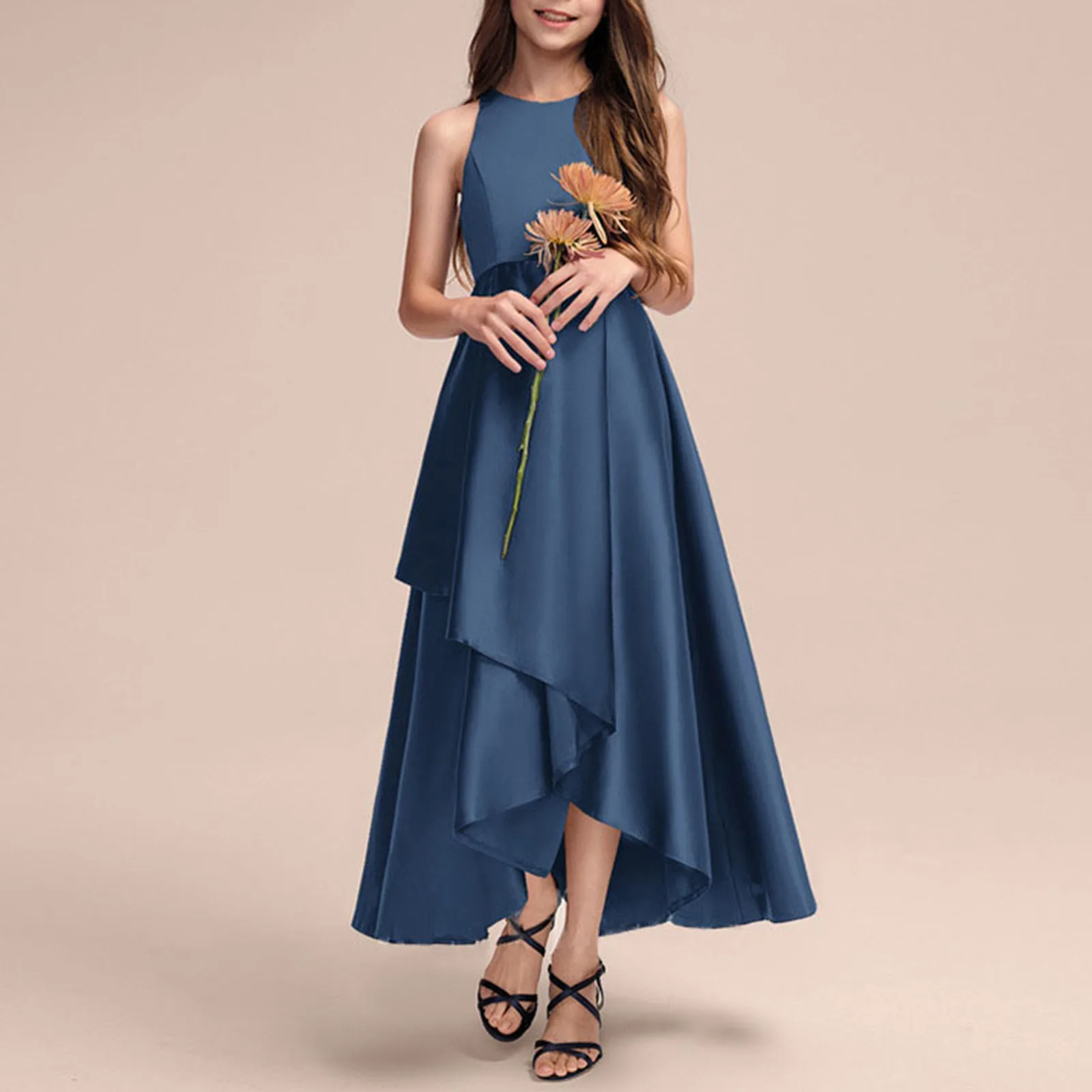 

2025 Toddler Baby Girl Clothes Fall Stretch Satin Junior Bridesmaid Flower Girl Dresses Boat Neck Girls Casual Dresses 7-16