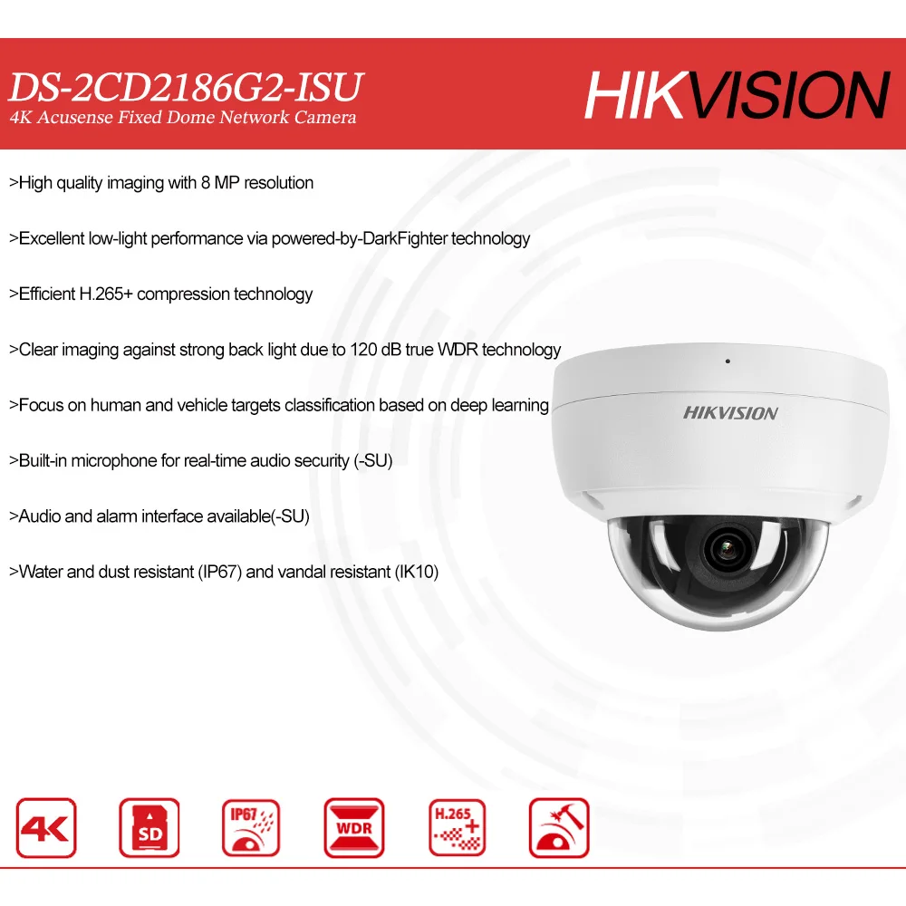 Imagem -05 - Hikvision Acusense Câmera de Rede Domo Fixo Classificação Humana e Veículo Alarme de Áudio i o Ip67 Ik10 Original Ds2cd2186g2-isu 4k