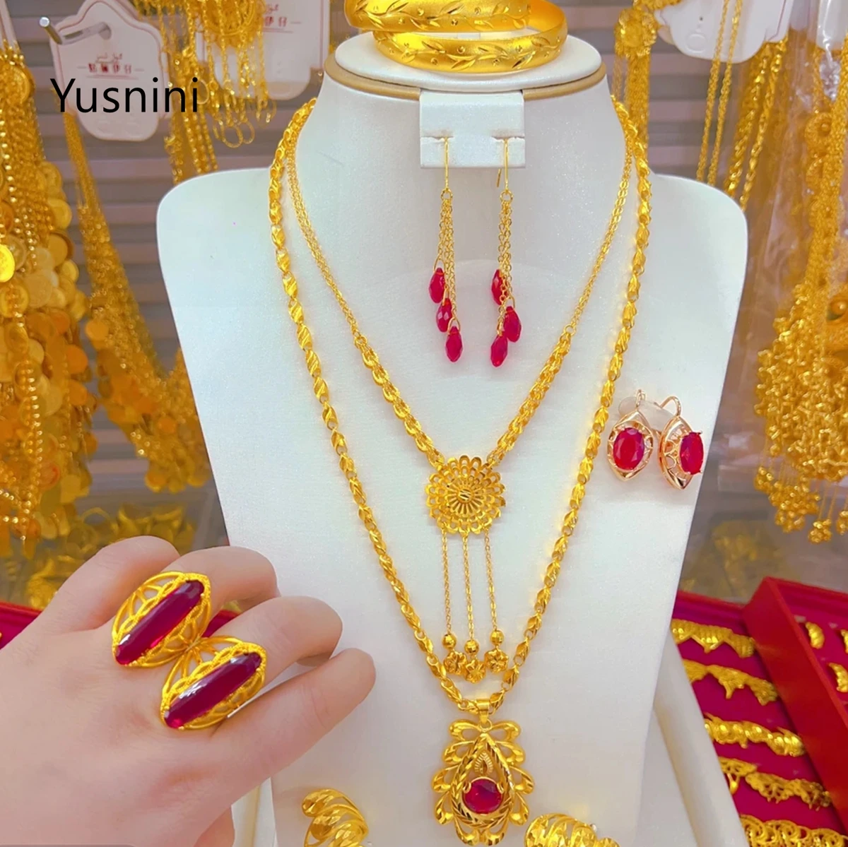 New European Dubai Fashion 24K Gold Plated Necklace Earrings Rings Bracelets Exquisite Engagement Party Jewelry Set for Lovers - view 2
