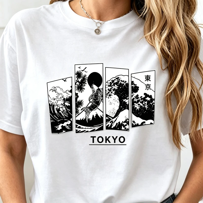 Japanese Ukiyo Art Tokyo Koi and Ocean Wave Print T Shirt Unisex Short Sleeve Tee Casual Streetwear Gift for Anime Art Lovers