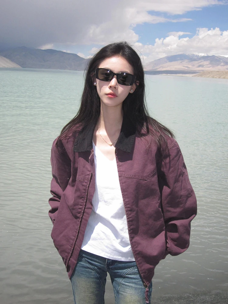 

Retro American Sle Purple Taro Collar Denim Jaet Women's Spring Autumn 2024 New Baseball orm Workwear Jaet