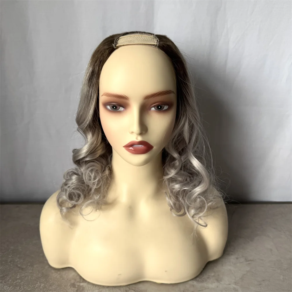 Peluca U-Part con Reflejos Rubios Ceniza, 2x4, Puntas Completas, 18 Pulgadas, Ondulada, 100% Cabello Humano, Sin Pegamento, Fácil de Usar, Hecha a Máquina, Lista para Enviar