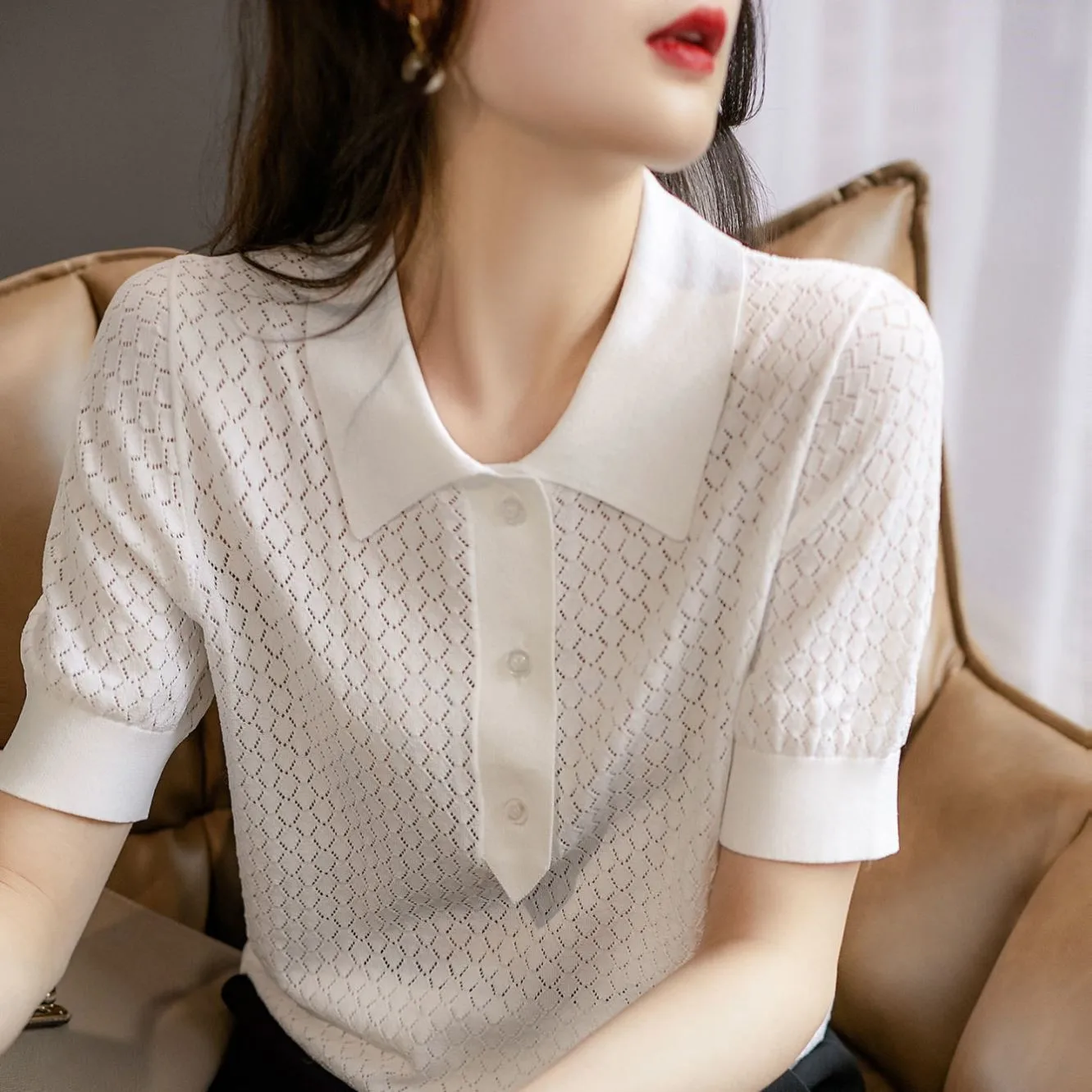 New Style Simple Casual Polo Style Refreshing Diamond Hollow POLO Short-sleeved Knitted T-shirt