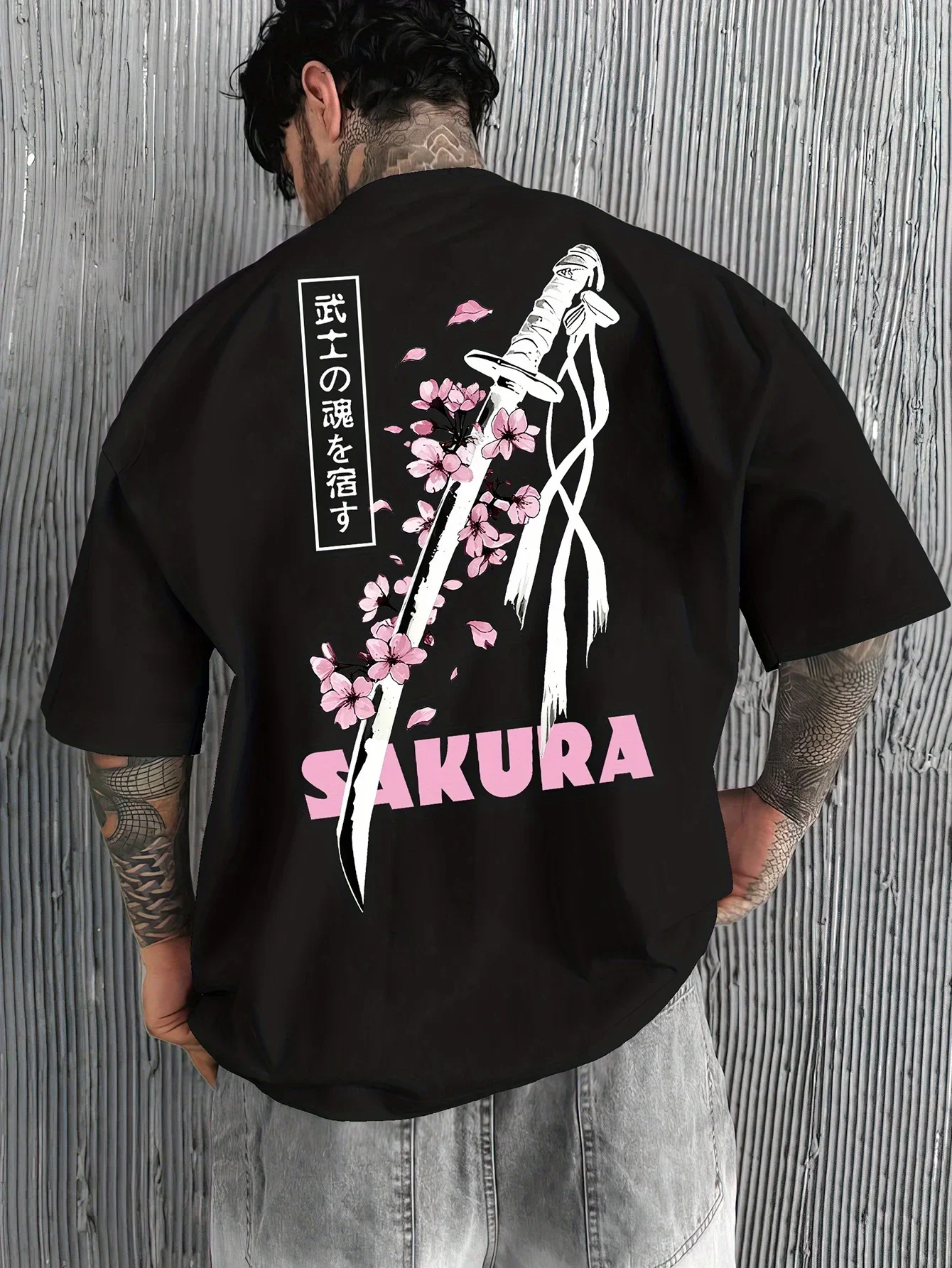

2025 Men's pure cotton comfortable breathable high-quality Sakura Sword Japanese style Street Men's T-shirt in Harajuku