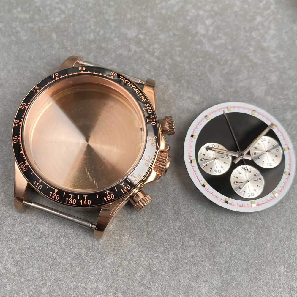 38mm Chronograph Multifunction Stainless Steel Rose Gold Fit VK63 VK64 Quartz  Watch Case Dial Sapphire Crystal Ceramics Bezel