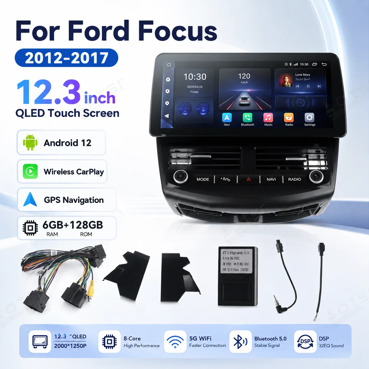 12.3 Inch QLED Touch Screen Android 12 Car Radio Player with GPS Navigation Wireless Carplay 6GB RAM 128GB Storage for Ford Focu