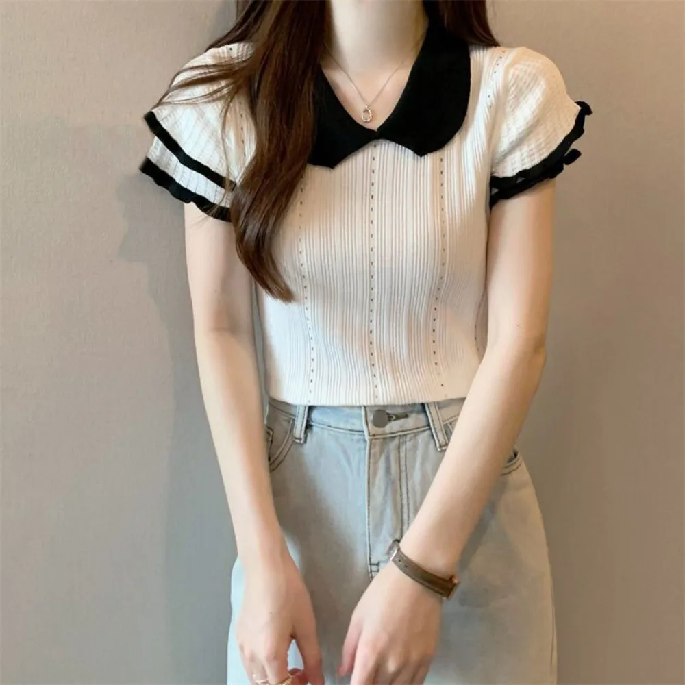 

Ruffled Edge Doll Collar Knitted Vest Hollow Short Knitted Slim Crop Tops Streetwear Patchwork Short Sleeve T-shirt Ladies Girls