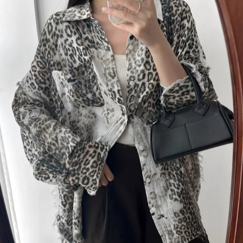 Italian Wrinkle Yarn Wash Ultra-light Delicate Leopard Print Loose Leopard Print Shirt
