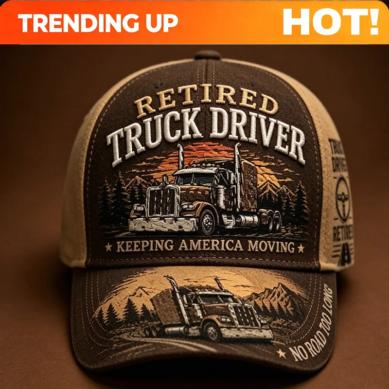 Custom Large Retro Semi-Truck Driver Hat with Two-Tone Snapback Cap & Big Rig Sunset Mountain Print - Suitable for Retired Drive