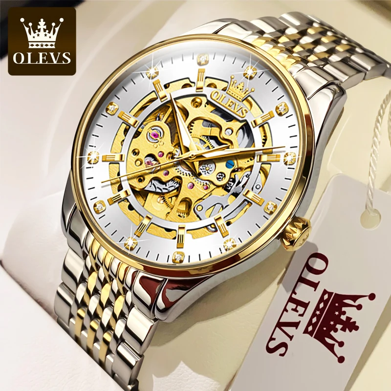 OLEVS Men\'s Watches Luxury Gold Skeleton Automatic Mechanical Wrist Watch for Man Waterproof Stainless Steel Luminous Business