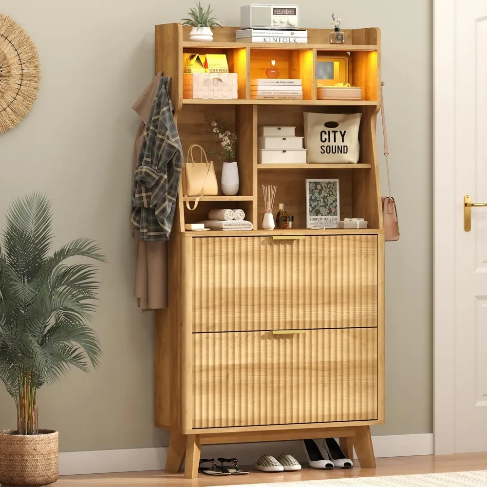 

Hall Tree with 2 Height-Adjustable Flip-Top Shoe Cabinets, Rustic Style Entryway Coat Rack with LED Lights, Tall Entryway Co