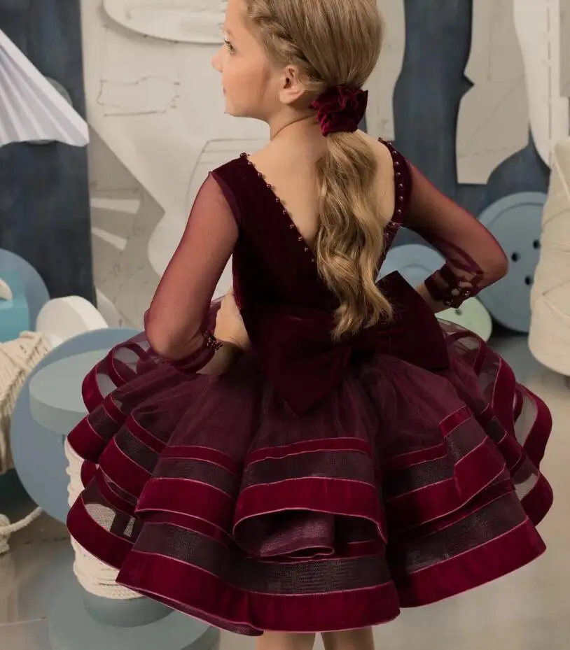 

Burgunday Flower Girl Dress Tiered Tulle Velvet Top Little Princess Wedding Party Gown Kid Birthday Dress Bow