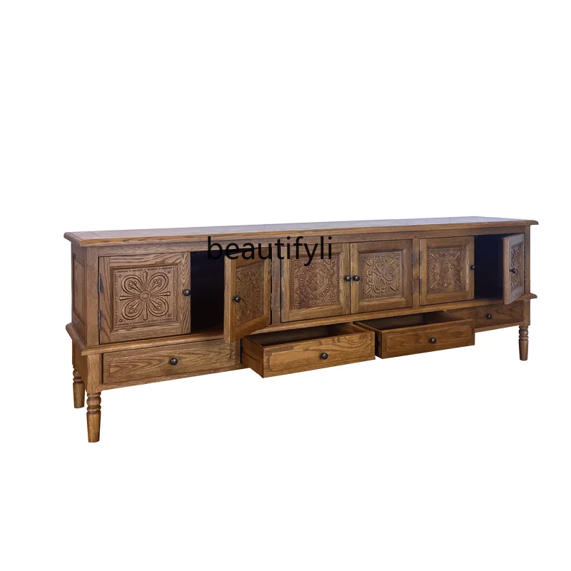 

American Country Wood Carved TV Cabinet Vintage Pastoral Style Oak Living Room Storage Long Floor Cabinet