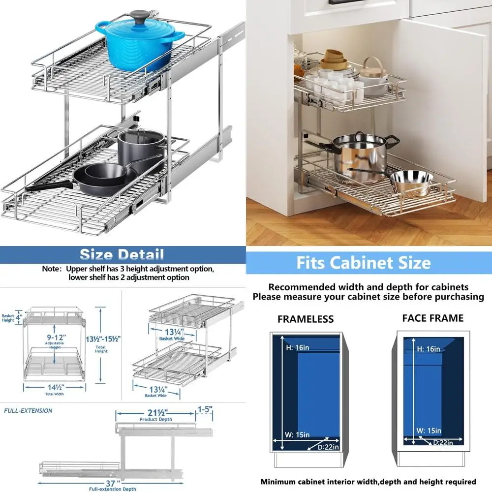 

Heavy-Duty Slide-Out Drawer Organizers for Cabinets, 14.5 Wide x 21.5 Deep, Space-Saving Kitchen Storage Solutions