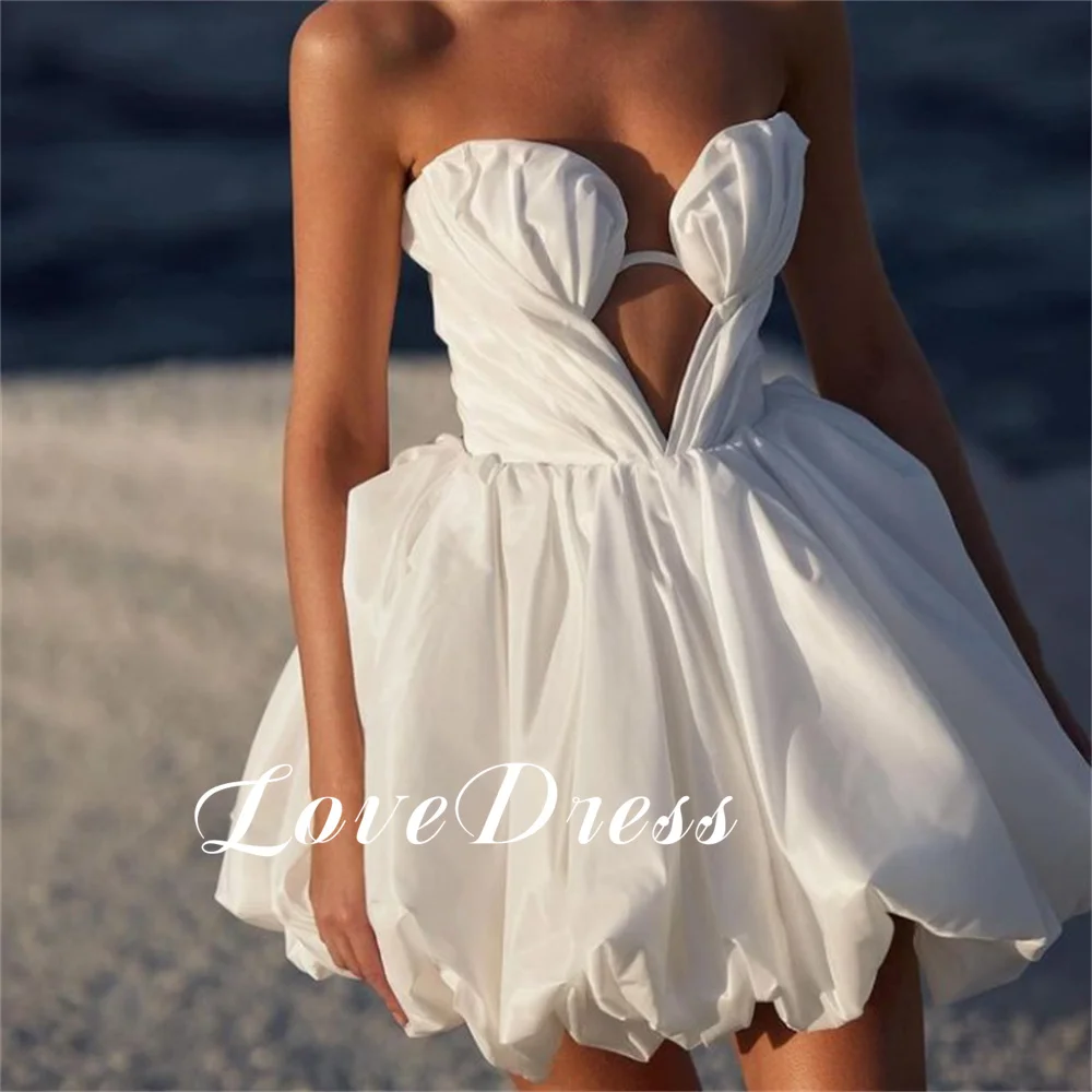 Love Beach Sexy Sweetheart Short A-Line Flower Bud Wedding Dress Sleeveless Backless Lace Up Above Knee Pleated Mini Bridal Gown