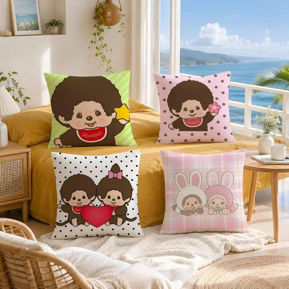 Character Monchhichi Cushion Cover Throw Pillow Short Plush Fresh Natural Cushion for Living Room Sofa Ornament Present Gift