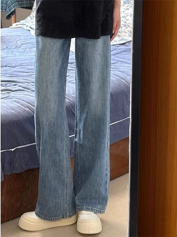 Calça Jeans Retrô Azul de Perna Reta, Estilo Americano Solto, Casual, Perna Larga, Unissex, Cintura Média, Calça Comprida