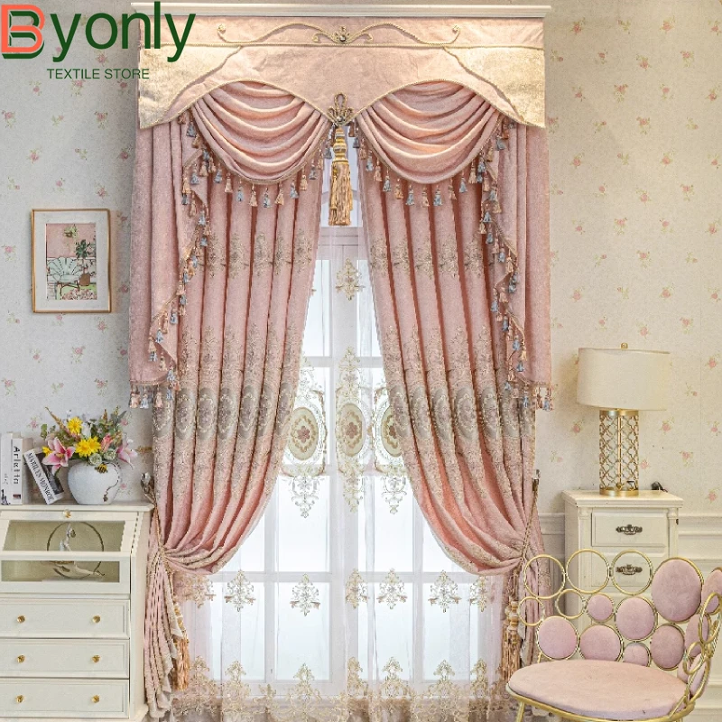 Tela de janela bordada rosa, cortinas espessadas de chenille jacquard para sala de estar, quarto, janela francesa, villa