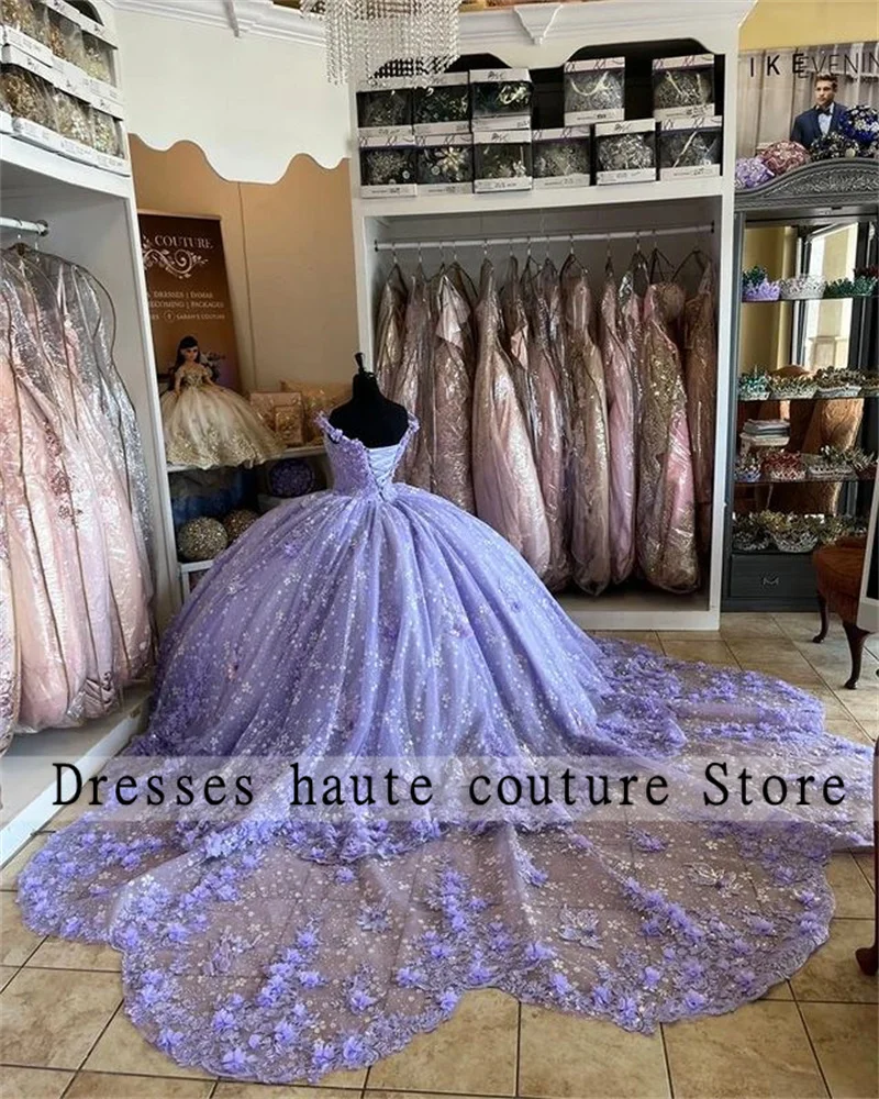 Luxury Lilac Purple Princess Ball Gown Quinceanera Dresses 2024 3D Flowers Appliques Rhinestones Luxury Vestidos De 15 Años