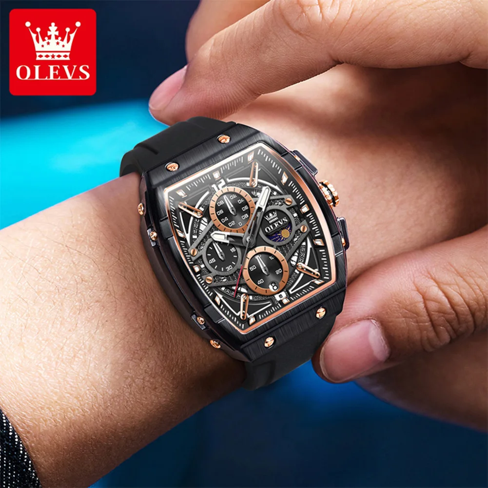 OLEVS 2975 ساعة رجالي أصلية فاخرة Tonneau ساعة كوارتز مجوفة مقاوم للماء سيليكون ماركة ساعة رجالية ساعة رياضية خارجية