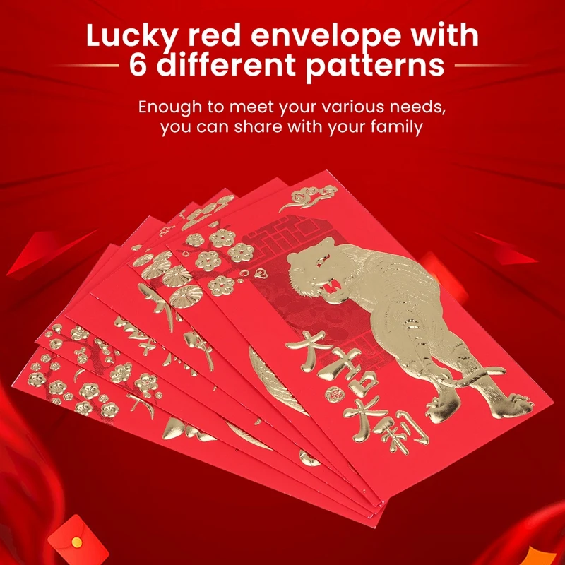 60 PCS Chinese Red Envelopes,2022 Chinese New Year Of The Tiger,6 Different Patterns Lucky Money Packets