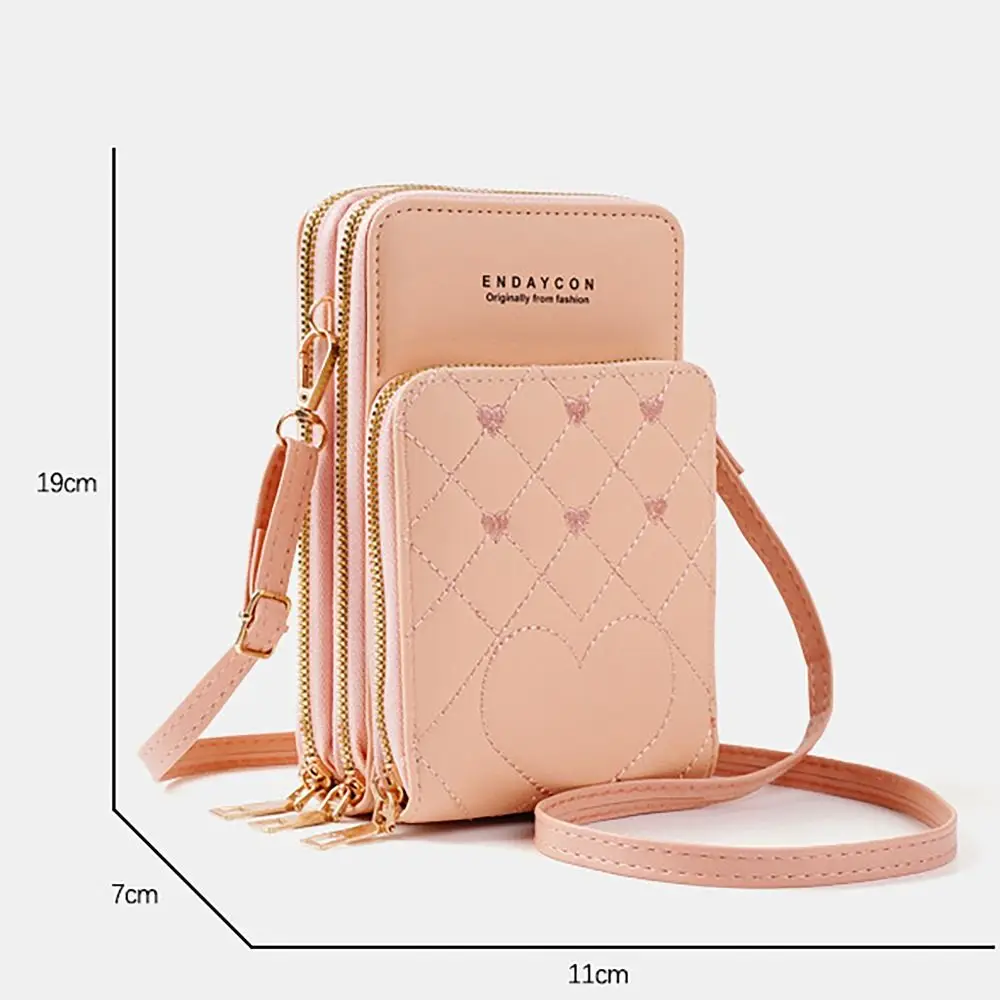 PU Phone Bag Adjustable Love Embroidery 3 Layers Card Bag Zipper Large Capacity Messenger Bags Women