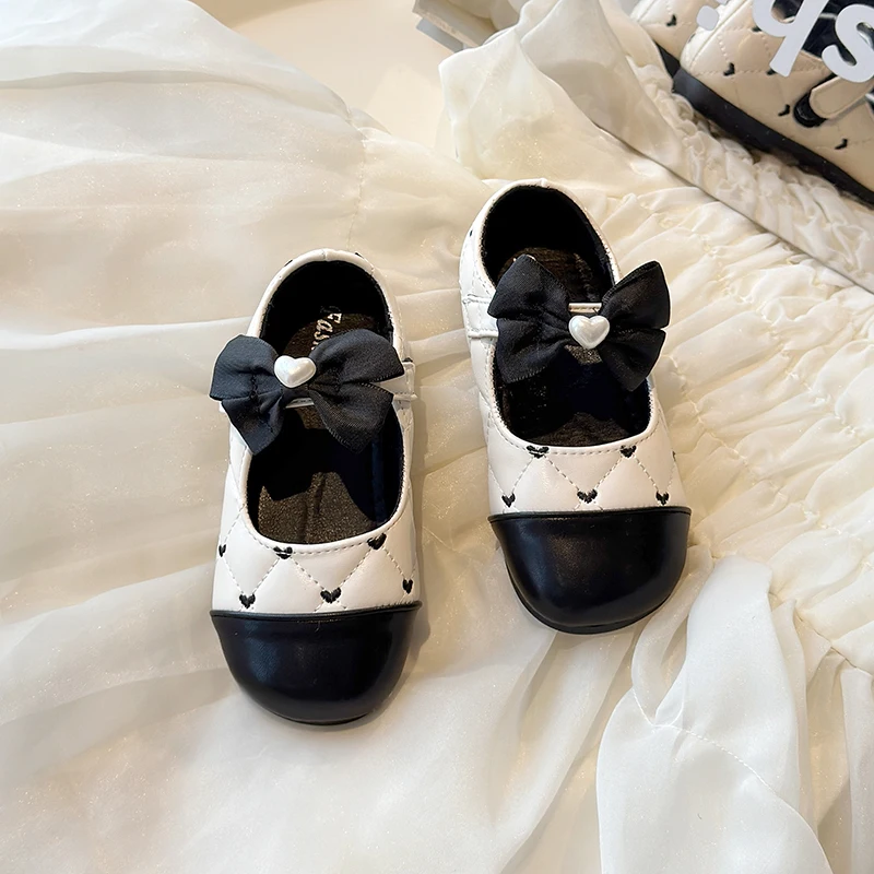 Kids Heart Quilted Mary Janes Bow Pearl Decor Single Strap Non Slip Rubber Sole Three Tone Girls Sweet Casual Dress Footwear