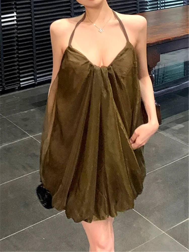 Seaside Vacation Summer Halter Camisole Mini Dress 2026 New Holiday Resort Straps Backless Mesh Patchwork A Line Short Dress