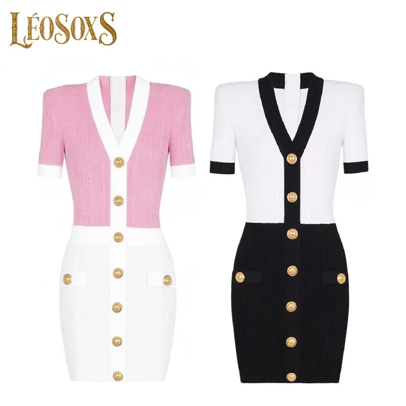 LEOSOXS Złote Sukienki Dzianinowe Jednorzędowe Różowe Dekolt V Damska Letnia Sukienka Krótki Rękaw Wąska Seksowna Spódnica Zamek Błyskawiczny Odzież