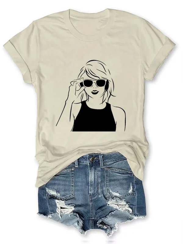 2024 New Fashion Outdoor Family Dinner Women T-shirt A Fashion Pretty Girl in Sunglasses Print Female Shirt Holiday Fallow Tee