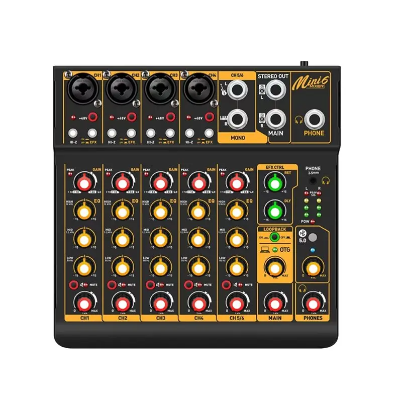 

Live Mixing For PC Recording Compatible Mini 6 6-Channel Audio Mixer DJ Mixer Bluetooth 5.0 OTG Reverb 48V Sound Card EU Plug