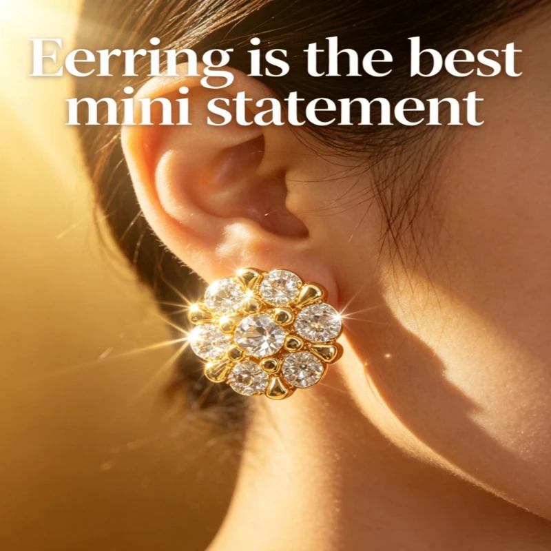 Gold Tone Round Cluster CZ Stud Earrings Full Paved Sparkling Crystal Floral Jewelry for Women Daily Wedding Party Birthday Gift