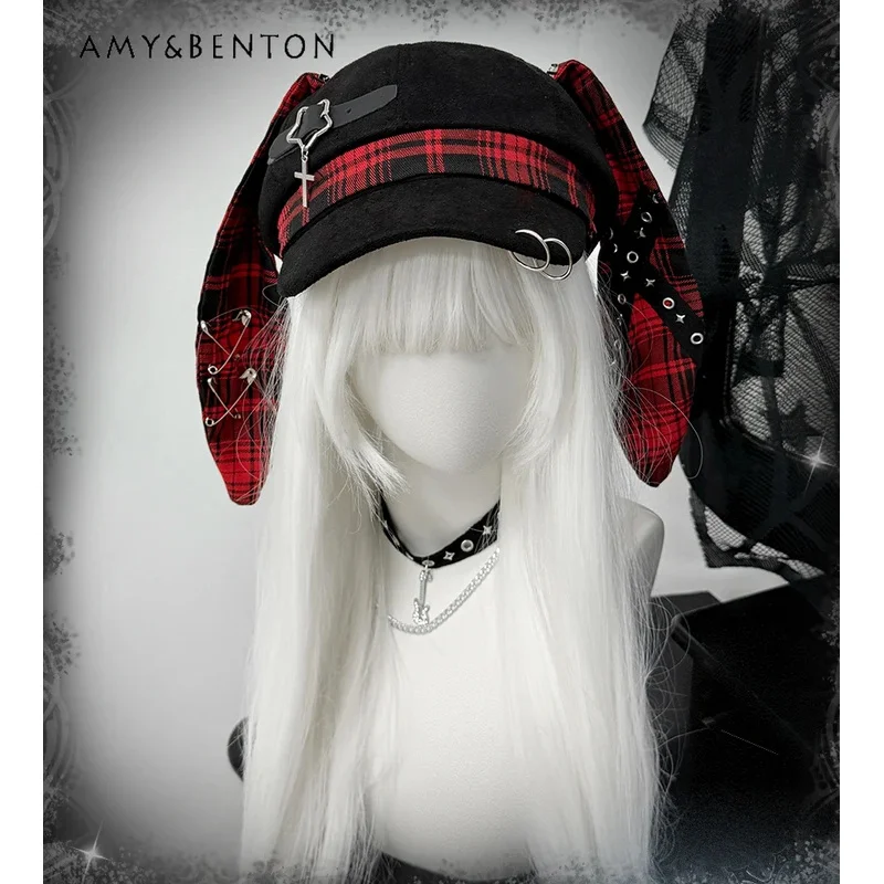 

25COSOriginal Punk Style Y2K Beret Subculture Fashion Versatile Hot Girl Detachable Rabbit Ear Patchwork Color Berets Caps for W