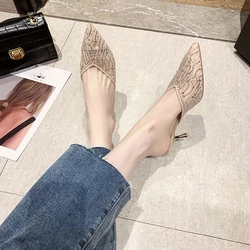 2024 Mesh Slippers Women New Summer Shoes Women Fashion Pointed Slides Spike Heels Beige Mules Shoes High Heels