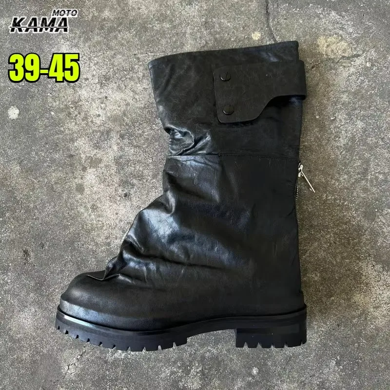 Botas de media pantorrilla para hombre de cuero arrugado con tacón grueso, cremallera trasera, estilo motero, suela gruesa oscura, botas de caballero, botas moto