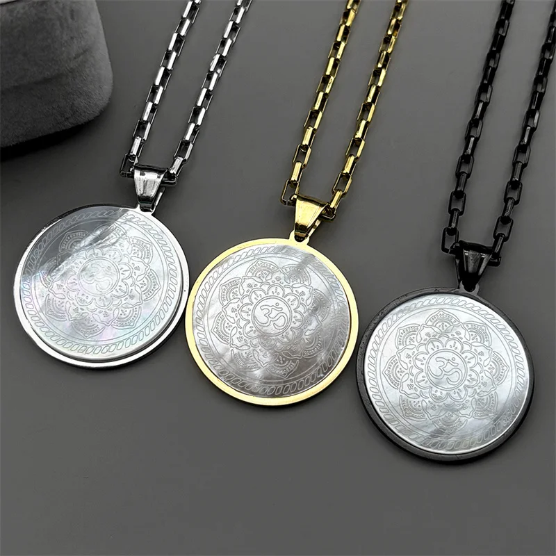 

India Yoga Mandala Om Pendant Necklace For Women Men Stainless Steel Gold Color Shell Buddhism Chakra Chain Jewelry Gifts