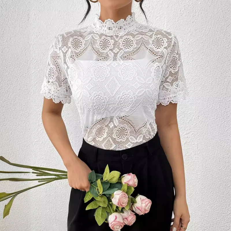 

2025New Year's Elegant Solid Color Small Stand Collar Lace Patchwork Trim Short SleeveTT-shirt Top Women's Clothing
