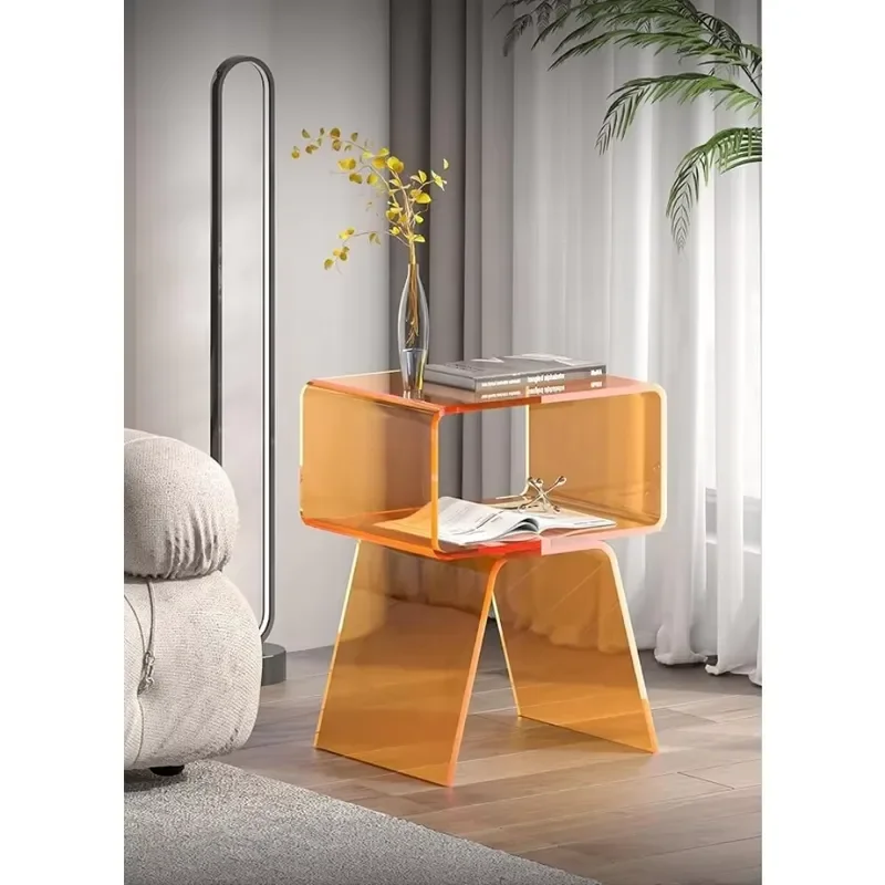 Modern Acrylic Side Table Crystal Orange Design Simple Fashionable Bedside Nightstand for Living Room Bedroom Home Decoration