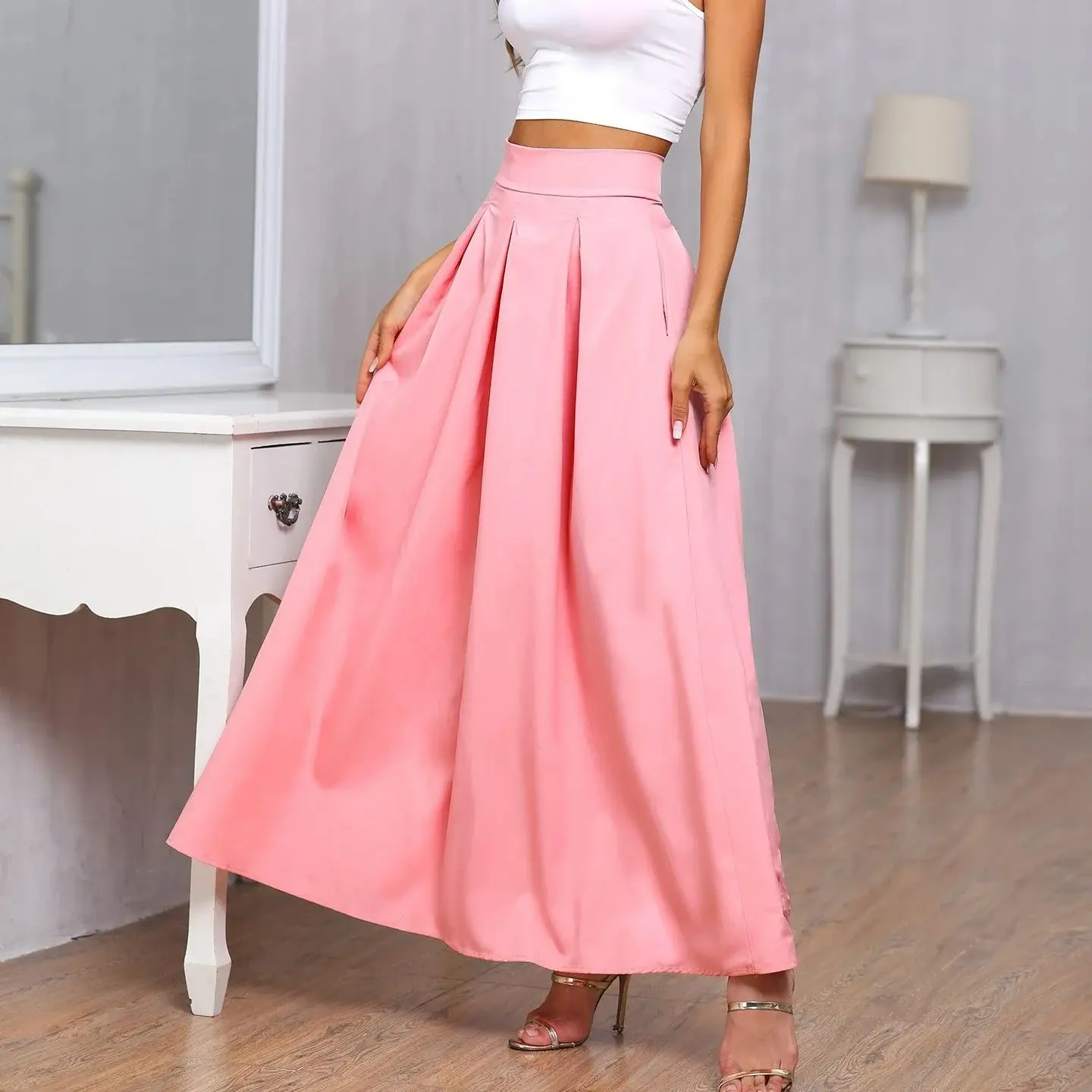 

HOBBY Light Pink Satin Skirt High Waist Zipper Ankle Length Long Silk Skirts Midi Long Taffeta Skirts Women Office Lady Skirts