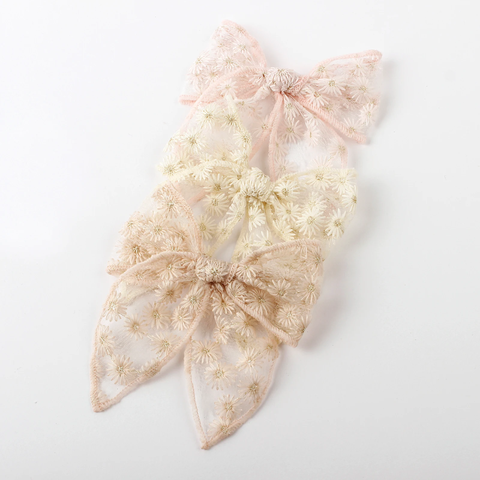 3pcs Kids Flower Embroidery Lace Bow Hair Clips Solid Color Elegant Ponytail Decor Hair Accessoreis For Girls