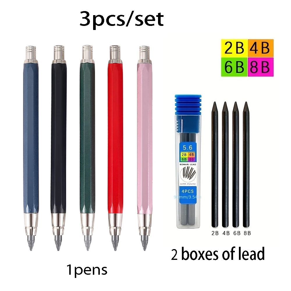 

3pcs/set 5.6mm Metal Drawing Mechanical Pencil Set with 2B/4B/6B/8B Leads, Professional Sketch Automatic