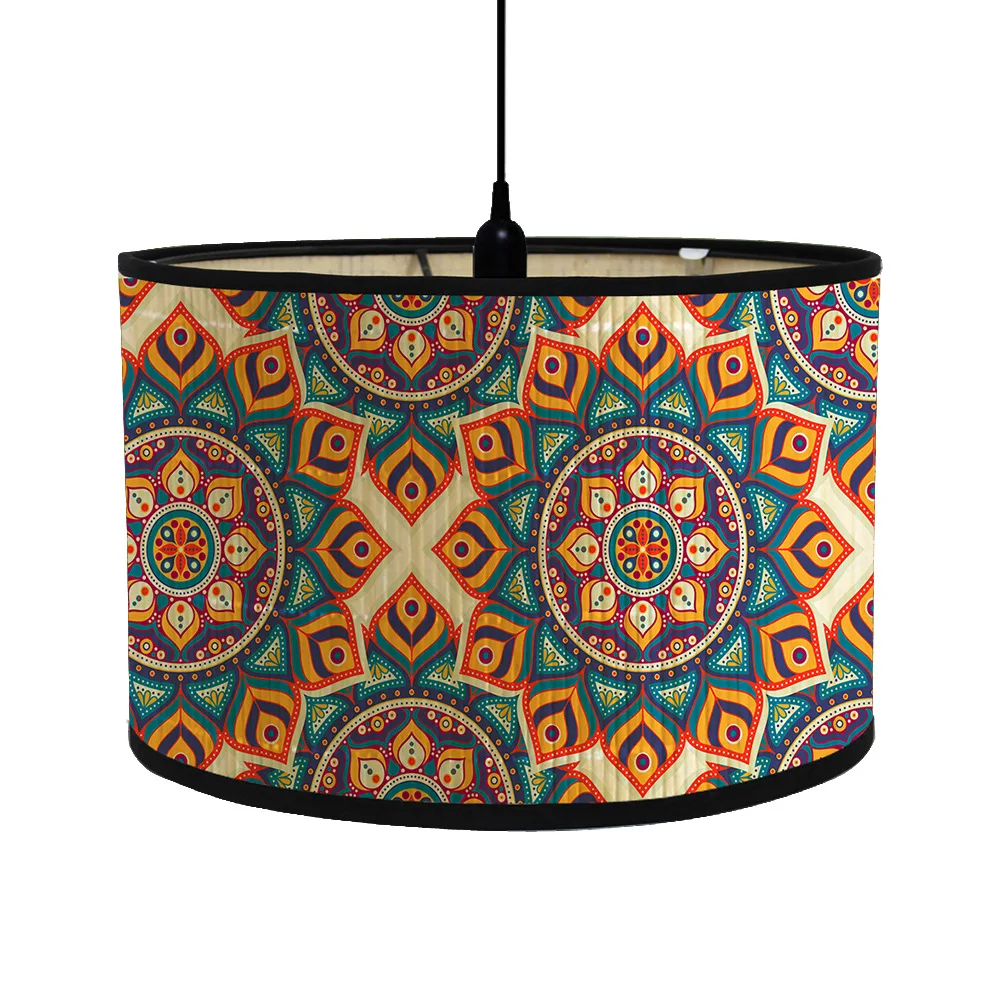 Retro paesaggio pittura paralumi lampadario pieghevole in bambù paralume modello europeo copertura luce rotonda Pantalla Lampara