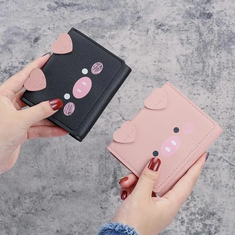 2023 New Short Wallet Female Cartoon Piggy Cute Student Three Fold Wallet Fashion Leather Passport Card Holder for Women