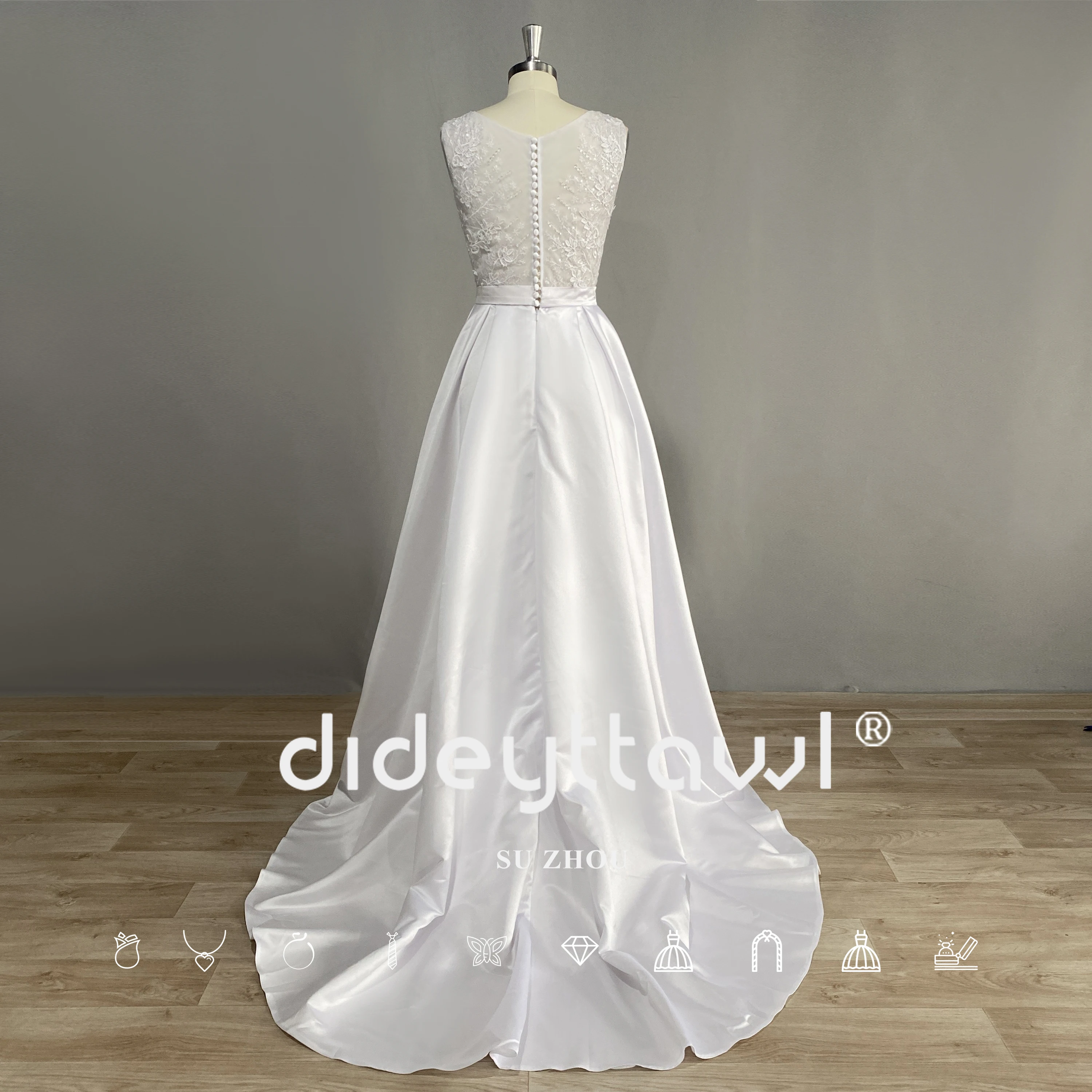 DIDEYTTAWL Real Photos V Neck Beaded Lace Boho Wedding Dress 2023 Sleeveless Satin A Line Sweep Train Bridal Gown