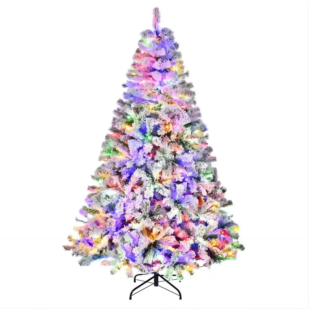 Snow Flocked Christmas Tree Prelit 6ft 300 LED Lights Pine PVC Lifelike Appearance Color Changing White Theme